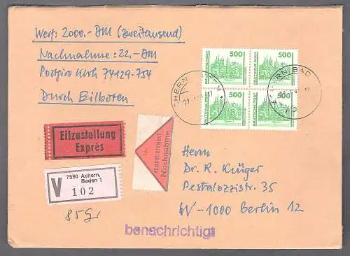 DDR.  Eilbote-Wertbrief-NN mit Me.F. Mi.-Nr. 3352 VGO-Tarif.