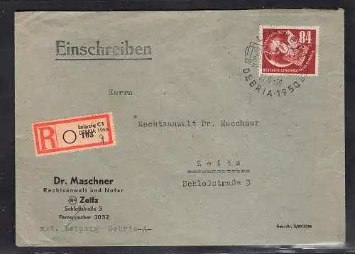 DDR. R-Fernbrief mit EF. Mi.-Nr. 260 mit Debria R-Zettel.