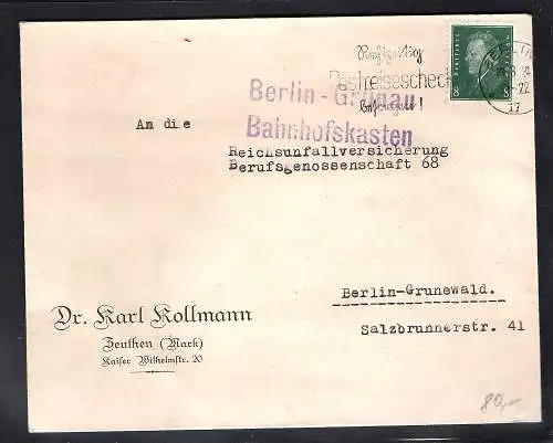 DR. Ortsbrief mit dem Stempel "Berlin-Grünau Bahnhofskasten"