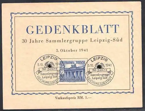 DR. Gedenkblatt 30 Jahre Sammlergruppe Leipzig-Süd 1941 mit Mi.-Nr. 803