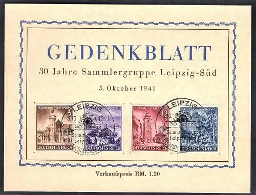 DR. Gedenkblatt 30 Jahre Sammlergruppe Leipzig-Süd 1941 mit Mi.-Nr.806-809