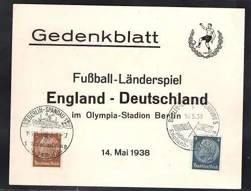 DR. Gedenkblatt Fußball-Länderspiel England-Deutschland 1938.