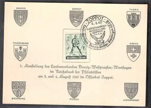 DR. Gedenkblatt 1 Briefmarken-Ausstellung Zoppot 1940 mit Mi.-Nr. 745