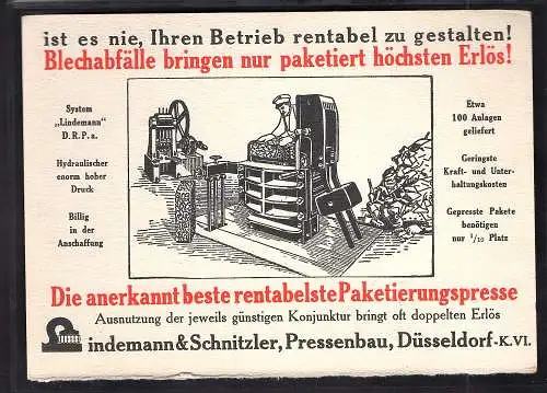 DR. Reklamekarte Pressenbau Lindemann & Schnitzler, Düsseldorf.