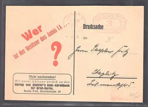 DR. Reklamekarte Dietzler`s Auto-Adreßbuch Verlag Berlin.