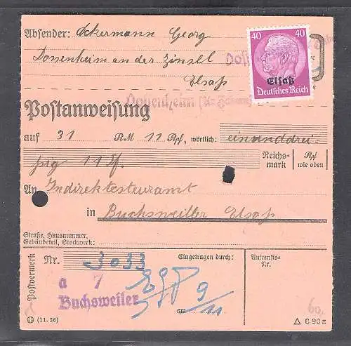 Elsass, EF. Mi.-Nr. 12 auf Postanweisung mit Notstempel. "Dossenheim"