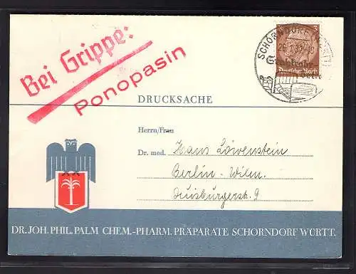 DR. Reklamekarte Chem,-Pharm. Präparate, P. Palm, Schorndorf Württ.