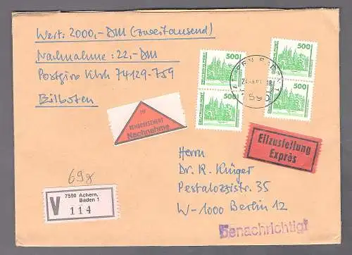 DDR.  Eilbote-Wertbrief-NN mit Me.F. Mi.-Nr. 3352 VGO-Tarif.