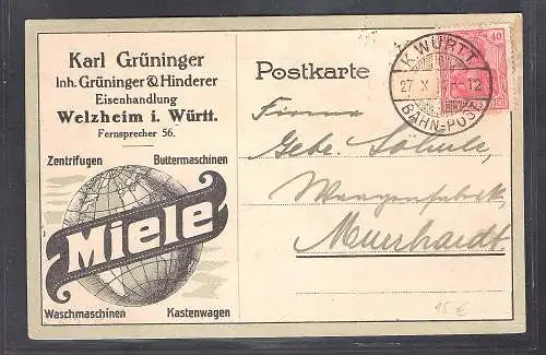 DR. Reklamekarte Miele Waschmaschine, K. Grüninger Welzheim.