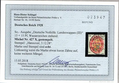 DR., Mi.-Nr. 427 X gestempelt, Befund Schlegel.