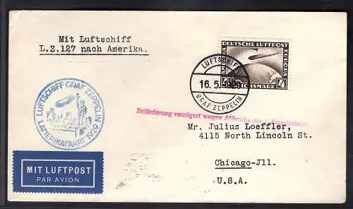 DR., Zeppelin-Brief, LZ 127  EF. Mi.-Nr. 424 mit Boardstempel in der USA.