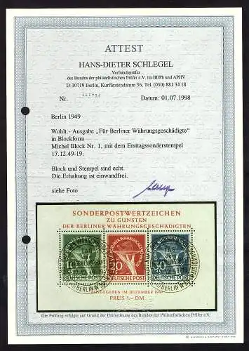 Berlin 1949, Blockausgabe, Mi-Nr. Block 1, gestempelt mit ESSt, FA SchlegelBPP.