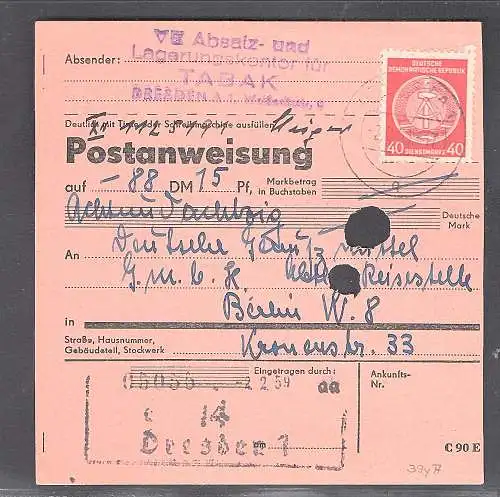  DDR Postanweisung mit EF. Mi.-Nr. D 39