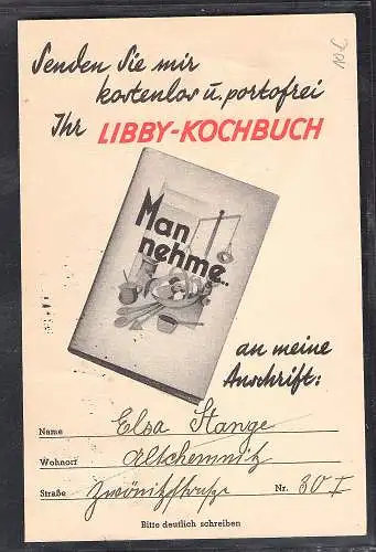 DR. Reklame-Karte Libby Milch/Kochbuch. 