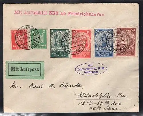 Zeppelin-Brief mit Luftschiff Z.R. 3/sieger 20 a mit Mi.-Nr. 351-354 u.a.