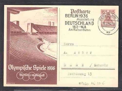 DR, Ganzsache P 260, Olympische Spiele Berlin 1936 als Auslandkarte  gelaufen