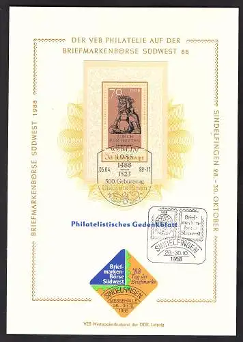 DDR - Gedenkblatt, Briefmarkenbörse südwest 1988  B12-1988