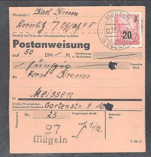 DDR. 1953 Mi.-Nr. 439 a II g XI, MeF., auf Postanweisung FA. KönigBPP.