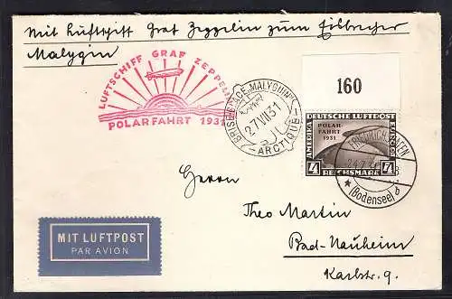 Zeppelin-Brief, Polarfahrt 1931,EF. Mi.-Nr. 458 mit OR., FA. SchlegelBPP.