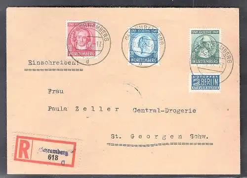 Fr.-Zone  Württemberg,  Mi.-Nr. 44-46 auf R-Fernbrief, sign. SchlegelBPP..