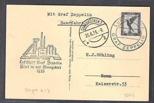 DR., Zeppelin-Brief, Saarfahrt  1933 mit  EF. Mi.-Nr. 383