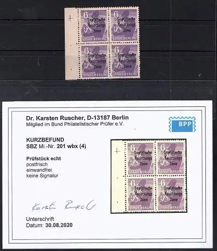 SBZ Mi.-Nr.201 wbx 4er Block,  postfrisch, KB. DR. Ruscher