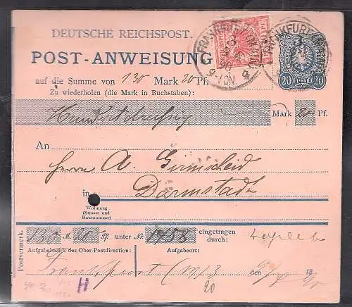 DR. Postanweisung mit MiF. Pfennig + Kroneadler von 1890