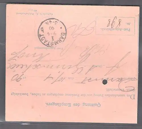 DR. Postanweisung mit MiF. Pfennig + Kroneadler von 1890
