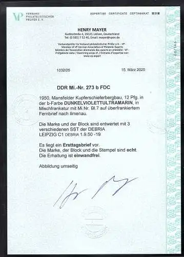 DDR. 1950 FDC. Mi.-Nr. 273 b