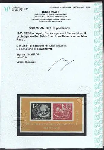 DDR. Mi.-Nr. Block 7 III postfrisch, FA.Mayer