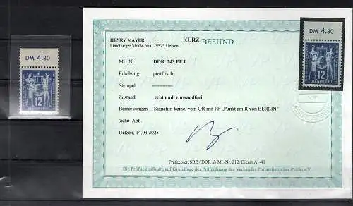 DDR. Mi.-Nr. 243 PF. I postfrisch, Befund Mayer
