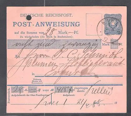 DR. Postanweisung Pfennig  von 1888