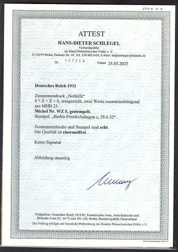 DR., Zusammendruck "Nothilfe" Mi.-Nr, 2 x WZ 5 gestempelt, FA. SchlegelBPP.