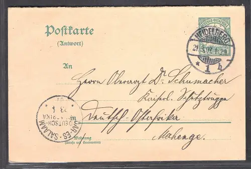 Dt. Kolonie, DOA., Ganzsache Mi.-Nr. P 20 A gelaufen von Heidelberg-Mahenge/DOA.