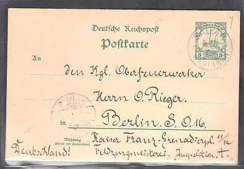 Dt. Kolonie, Marianen, Ganzsache Mi.-Nr. P 7 gelaufen.