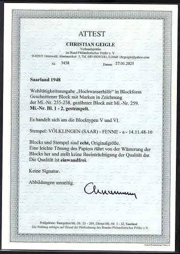 Saarland 1948, Mi.-Nr. Block 1 + 2 gestempelt, FA. GeigleBPP.