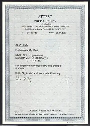 Saarland 1948, Mi.-Nr. Block 1 + 2 gestempelt, FA. NeyBPP.