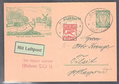 Danzig, Ganzsache Mi.-Nr. P 38 I  Werderlandschaft als Luftpostkarte gelaufen.