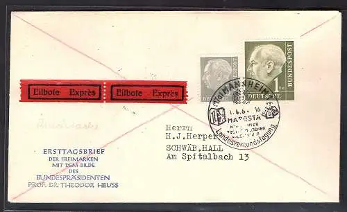 Bund. FDC. Mi.-Nr. 182 + 194 als Eilbote-Drücksache gelaufen mit Ak.-St.