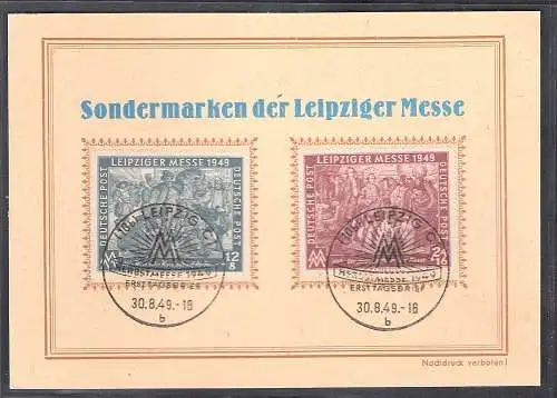 SBZ. Ereigniskarte Leipziger Messe 1949 mit Mi.-Nr. 240-241/FDC.