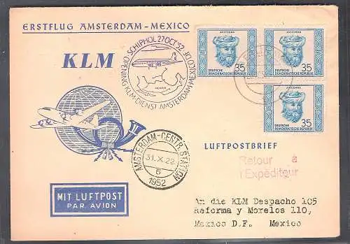 DDR. MeF. Mi.-Nr. 314 auf Erstflug Brief Amst.-Mexico, portorichtif mit Ak.-St.