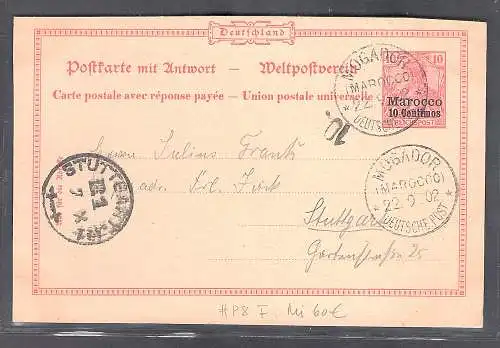 Deutsche Post  in Marocco Ganzsache P8 F gelaufen.