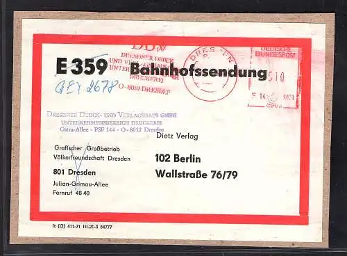 DDR./Bund Bahnhofssendung, mit AFS. aus Dresden, VGO.-Tarif.