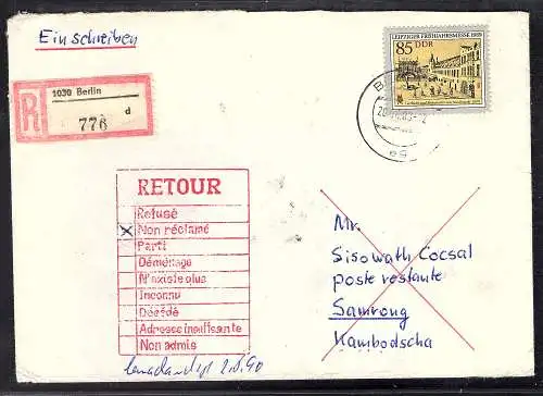 DDR. EF. Mi.-Nr. 3236 auf R.-Auslandbrief nach Kambodscha mit Ak.-St.