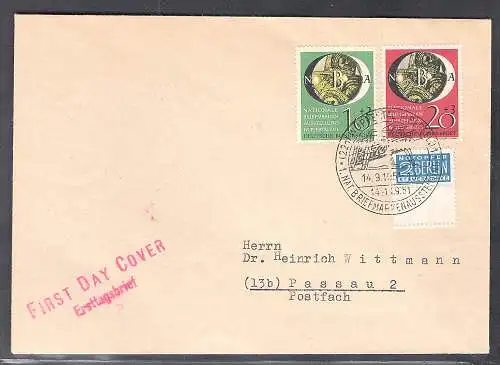 Bund. FDC. Mi.-Nr.141-142 + Nothilfe Marken mit Leerfeld als Fernbrief gelaufen.