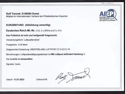 DR. Flugpost-Brief mit Mi.F. 2x Mi.-Nr. 213 b u.a., Befund Tworek.