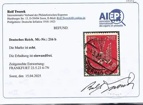 DR. Mi.-Nr.216 b, gestempelt, Befund  Tworek.