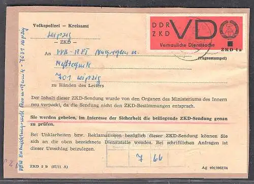 DDR.ZKD-Brief, Neu Verpackt nach Beanstandung des Originalumschlags, mit VD 4a