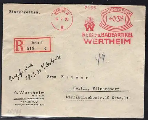 DR. Reklamebrief, Reise- u. Badeartikel WERTHEIM Berlin, als R.-Ortsbrief gel.