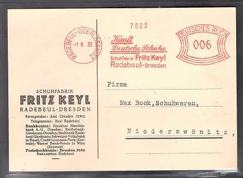 DR. Reklamekarte, Schuhfabrik F. Keyl, Radebul-Dresden mit AFS.